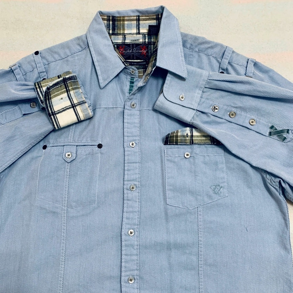 English Laundry Men's XL Blue Stripe Button‎ Up Long Sleeve Shirt Hand Sewn